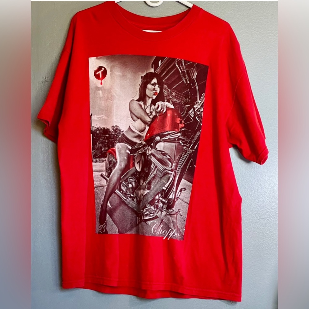 Two In The Shirt Motorcycle Pin Up Girl Graphic Red Tee | XL